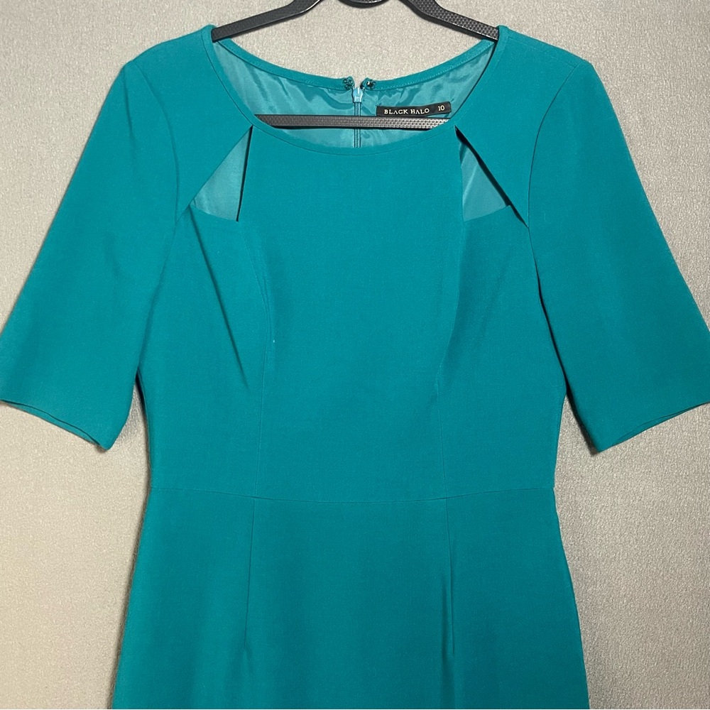 Black Halo Teal Pleated Sheath Dress Size 10 Career Cocktail